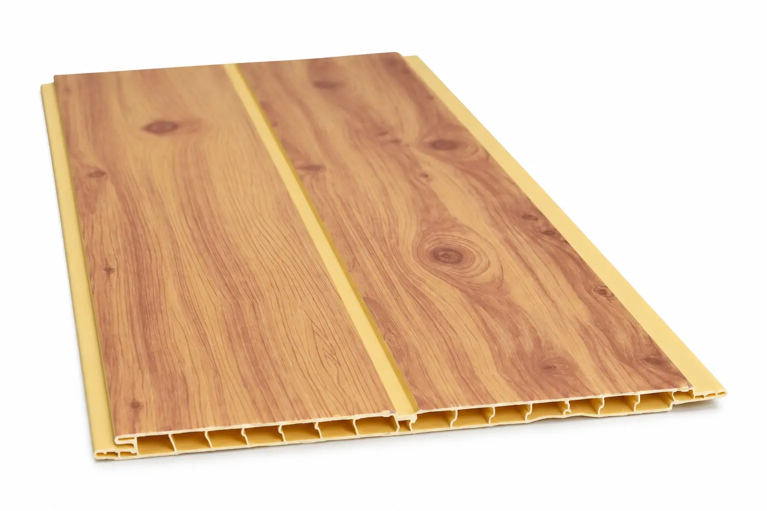 Cielorraso de PVC tipo friso símil madera color miel